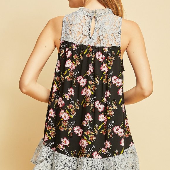 Black Floral Lace Detail Tank Top - Picture 8 of 10